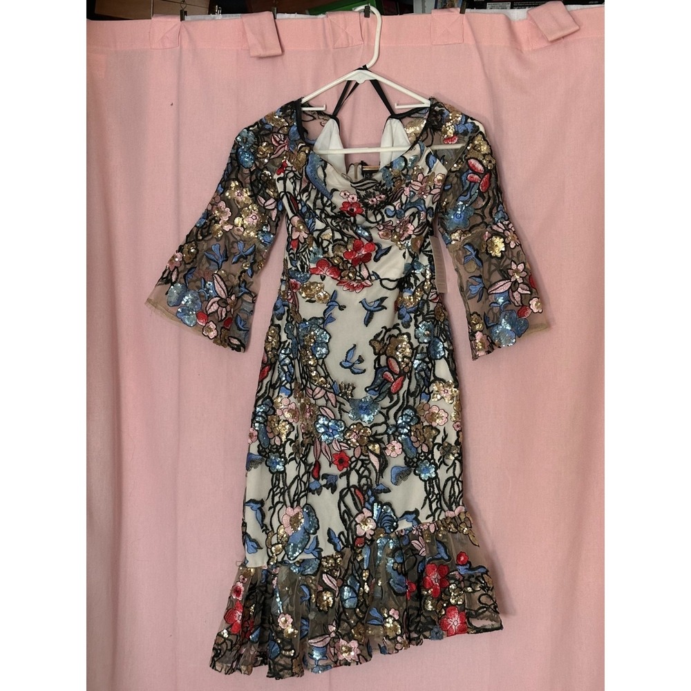 Embroidered Sequin Mesh Dress Fairycore Cottagecore Floral Midi Fit Flare 6